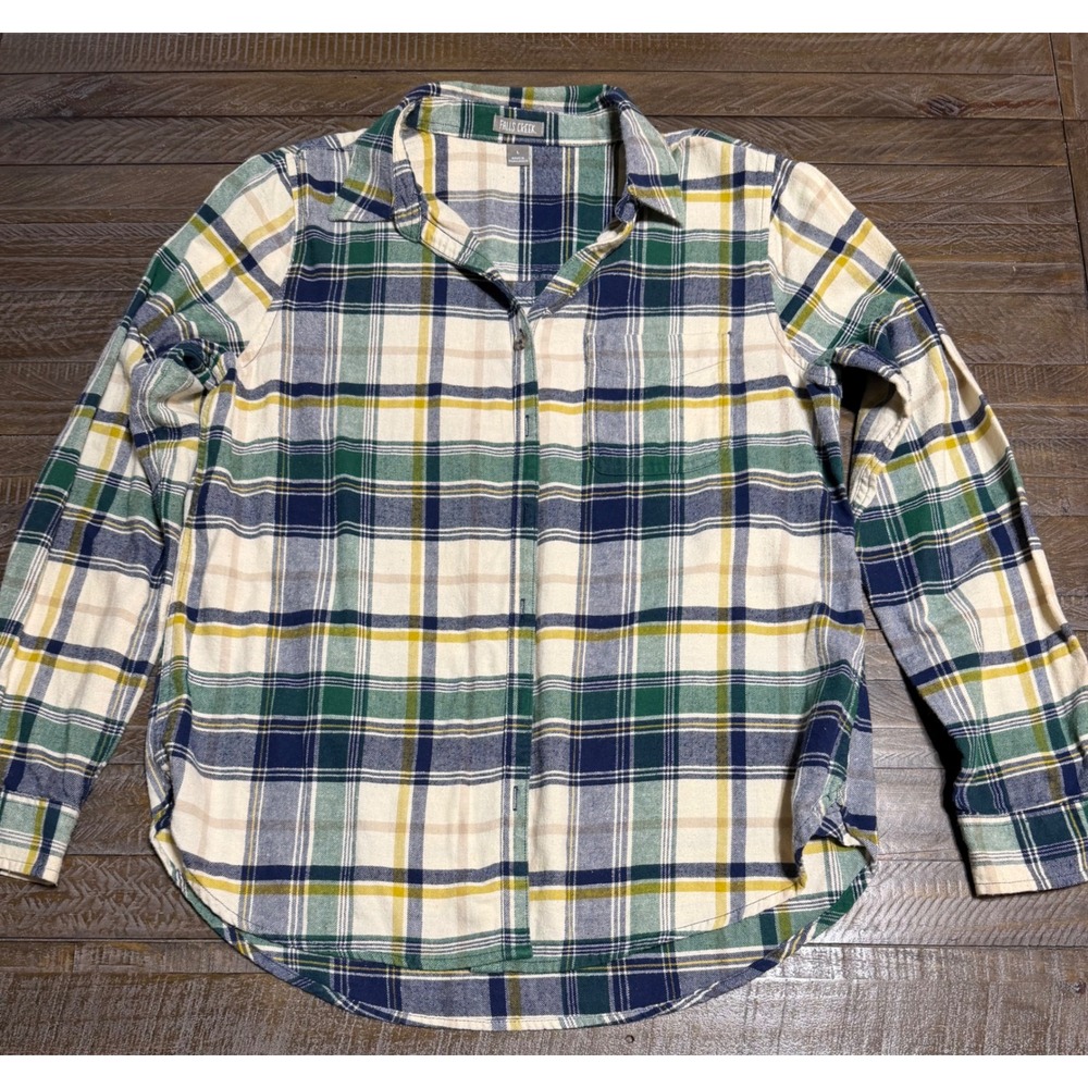 Falls Creek Flannel Shirt Women L Green Blue Plaid Great Condition Preloved